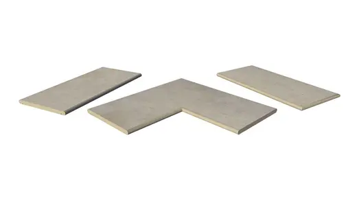 Jura Grey 20mm bullnose coping collection, showing one each of straight, end and corner pieces, with 10-year guarantee.