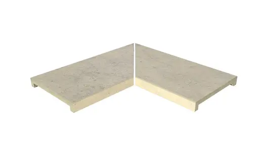 Jura Grey corner coping stones, left and right hand pieces fitted together at mitred edges, with 40mm downstand made in-house.