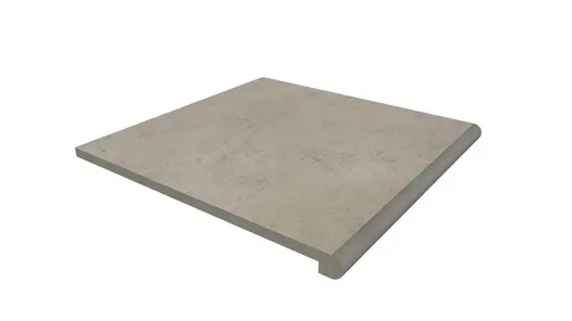 Render of a 600x600mm Jura Grey limestone porcelain step with bullnose edge profile and drip groove. Free UK delivery available.