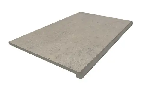Render of a 900x600mm Jura Grey limestone porcelain step with bullnose edge profile and drip groove. Free UK delivery available.