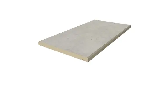 Single Jura Grey porcelain straight coping stone, with drip-line and 5mm pencil round edge profile applied to the long sides.