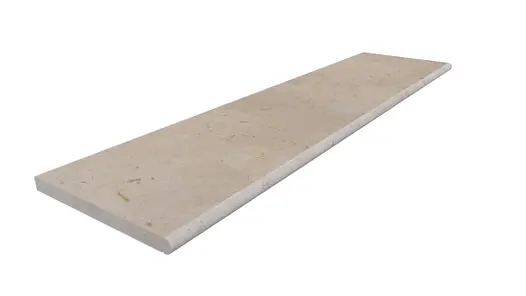 Render of single 2000x500mm Jura Beige limestone step tread with bullnose edge profile and drip groove. Free UK delivery available.