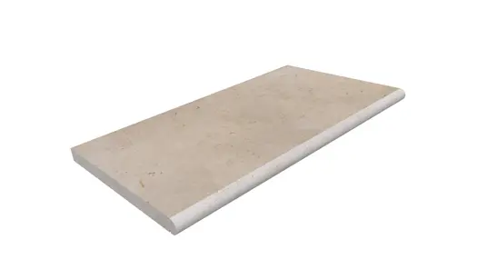 Render of single 900x500mm Jura Beige limestone step tread with bullnose edge profile and drip groove. Free UK delivery available.