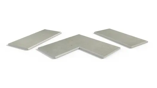 Light Grey 20mm bullnose coping collection, showing one each of straight, end and corner pieces, with 10-year guarantee.