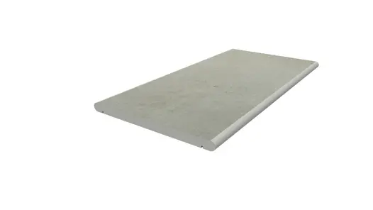 Light Grey porcelain coping stone, with 20mm bullnosed edge profile and drip line applied in-house, with 10-year guarantee.