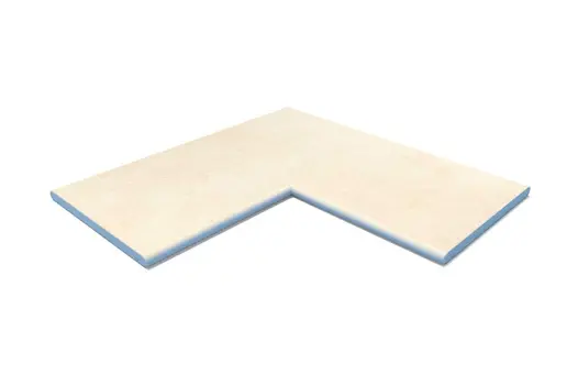Corner coping in Mint Porcelain with rounded 20mm bullnose edge. Designed to finish walling with elegant curvature.