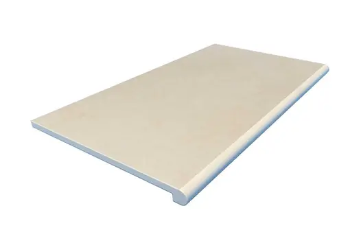 Mint Porcelain 36mm bullnose step with deeper profile and warm-toned stone-effect finish. A bold choice for garden steps.