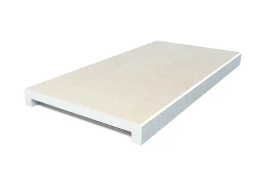 Straight coping in Mint Porcelain with structured downstand design. Creates bold, horizontal shadowlines in design.