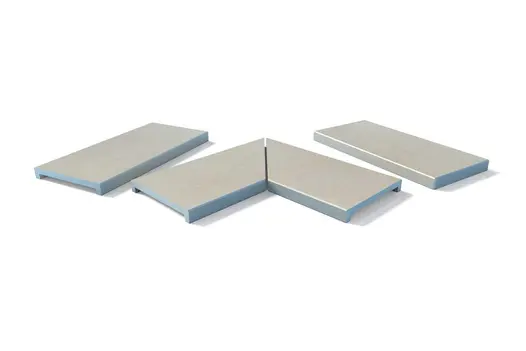 Collection of Mint Porcelain 40mm downstand copings in all formats. Offers structured lines for modern garden walls.