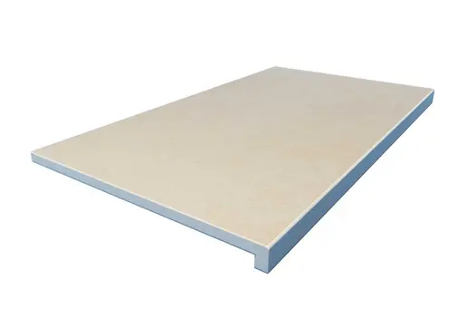 Mint Porcelain downstand step with 40mm drop face and warm beige tones. Creates strong lines in contemporary designs.