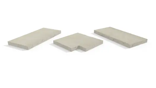 Mint Indian Sandstone Rock-Faced copings, with drip-lines, in straight, end, and corner pieces.