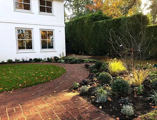 Curved beds edge path of Old English clay pavers that bounds lawn in front of white house. Tall hedge to right. 