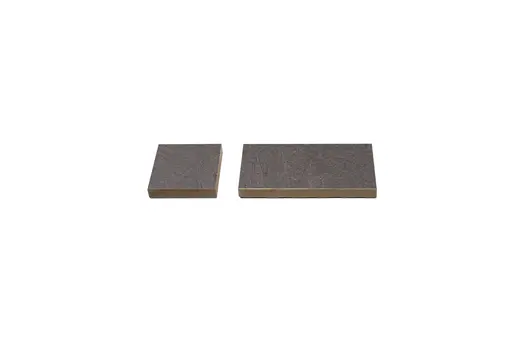 Platinum Grey porcelain patio tiles cut down into two different sized porcelain setts, sold by London Stone with free UK delivery.