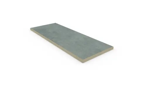 Polvere 5mm pencil round end coping, edge profile applied to 3 sides, part of London Stone’s large format porcelain paving range.