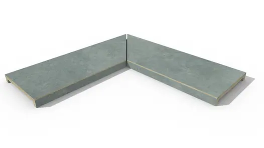 Polvere corner coping stones, left and right hand pieces fitted together at mitred edges, with 40mm downstand made in-house.