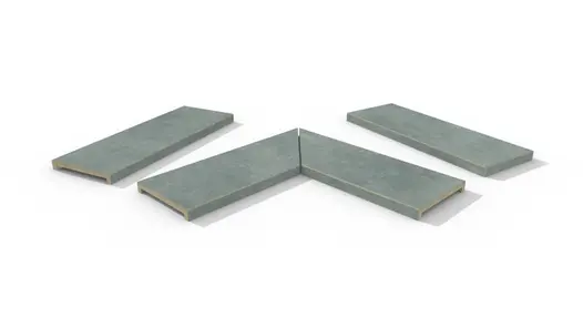 Polvere porcelain 40mm downstand flat coping stones in straight, end and left- and right-mitred corner pieces.