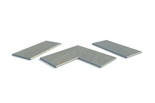 Raj Green Porcelain 20mm bullnose copings, with drip-lines, in straight, end, left and right corner pieces, made in-house. 