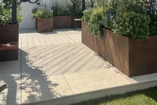 Engraved Jura Beige bullnose limestone step edges RHS Hampton Court John King Brain Tumour garden 2022. Design by Rhi Williams.