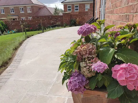 Pot with hydrangea stands next to house wall on wide curved patio edged with bricks, next to lawn. Built by Roseberry Landscapes.