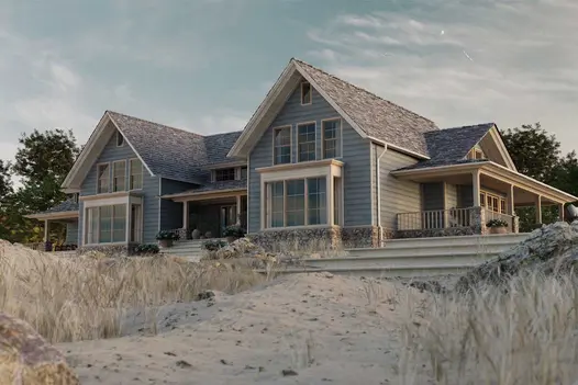 Coastal-style home clad in Salt Blue Millboard Shadow Line composite cladding, with pitched roof and stone foundation.
