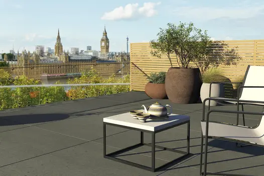 Rooftop views of London featuring Big Ben seen in rendered image showing off warm teak composite battens used as screening on small patio.