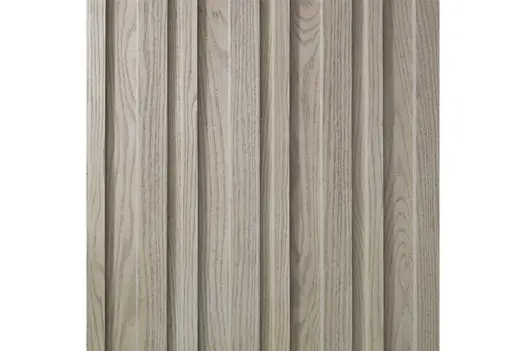 Close-up of swatch of Smoked Oak Millboard Board & Batten cladding, featuring light grey and taupe tones with realistic woodgrain texture.