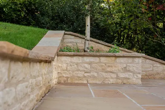 Small silver birch in stone-built raised bed in corner of Camel Dust Indian sandstone patio. Matching coping on wall edging paving.