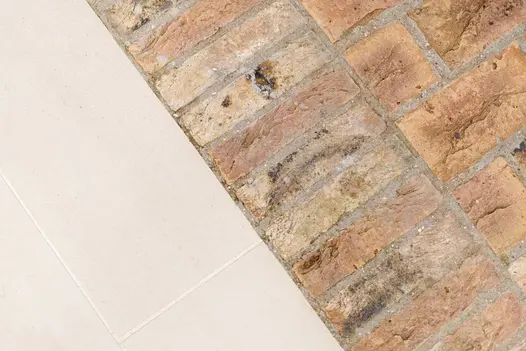 Soldier course of Cotswold Clay pavers laid edge on, divides matching bricks laid flat and light coloured paving slabs.