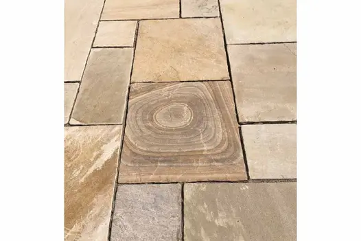 Close up shot of Mint Indian Sandstone Paving shows off huge fossil embedded in one slab, others surrounding show off unique variations.
