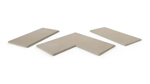 Venetian Beige 20mm bullnose coping collection, showing one each of straight, end and corner pieces, with 10-year guarantee.