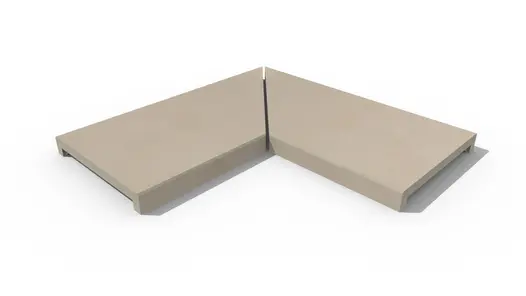 Venetian Beige corner coping stones, left and right hand pieces fitted together at mitred edges, with 40mm downstand made in-house.