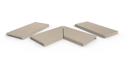 Venetian Beige 40mm downstand porcelain coping stones in straight, end and left- and right-mitred corner pieces.