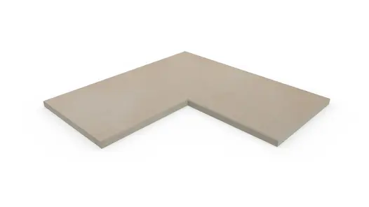 Venetian Beige 5mm chamfer corner coping stone, part of our budget porcelain paving range, available with free next-day delivery.