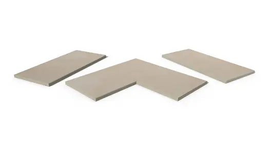 Venetian Beige Porcelain 5mm pencil round copings, with drip-line, in straight, end, left and right corner pieces, made in-house.