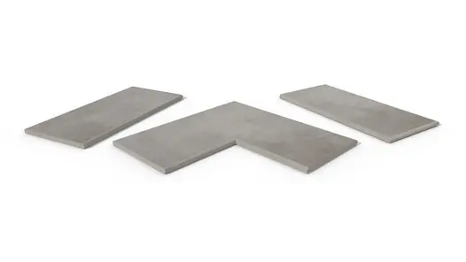 Venetian Grey 20mm bullnose coping collection, showing one each of straight, end and corner pieces, with 10-year guarantee.