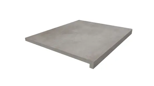 One Venetian Grey porcelain step tread with 40mm downstand, manufactured in-house, measuring 600x500mm, against white background.