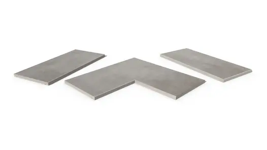 Venetian Grey Porcelain 5mm pencil round copings, with drip-line, in straight, end, left and right corner pieces, made in-house.