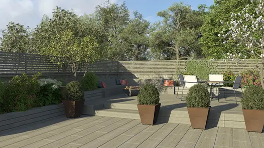 Rendered image of multi level garden using composite materials. Pebble Grey Composite battens line the boundary with large trees behind.