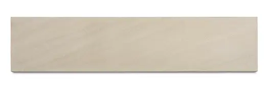 Single Beige smooth sandstone plank, seen from above on white background, showing grey and black flecked colouring and shape.